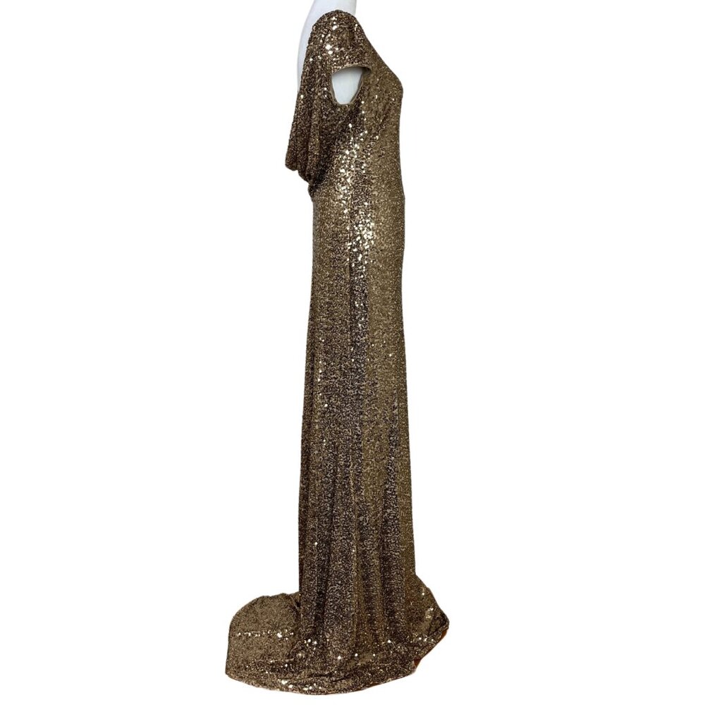 Badgley Mischka Cowl Back Stretch Fit Gold Sequin Evening Gown - Picture 4 of 15